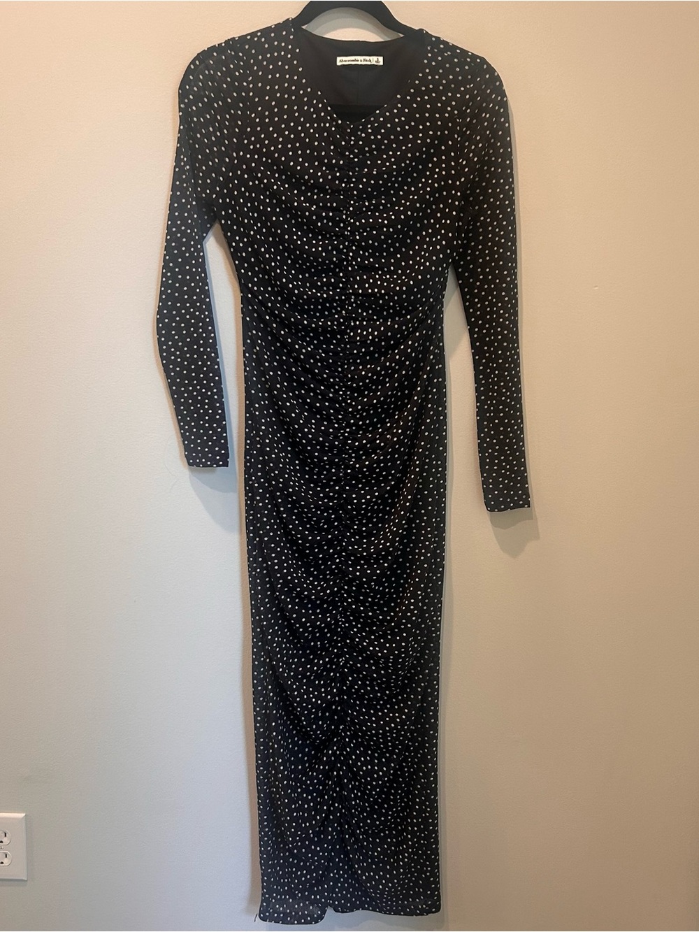 Abercrombie and Fitch Polka Dot Long Sleeve Ruched Maxi Dress